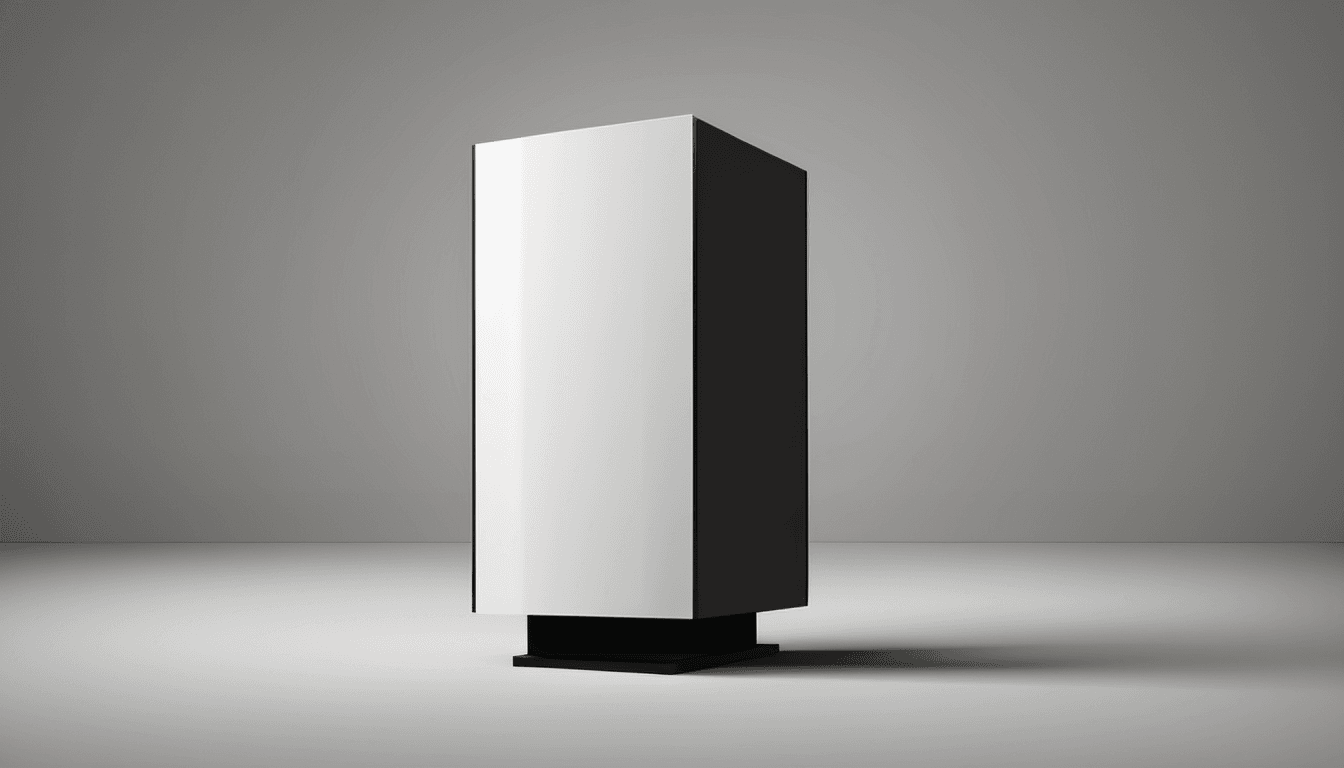 A stylized illustration of a white and black computer tower on a black base against a gray background.
