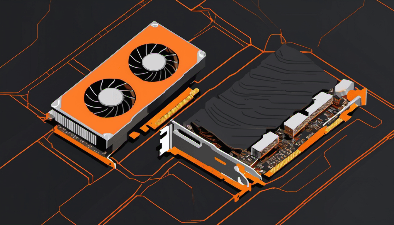 Stylized isometric illustration of two graphics cards, one with an orange shroud and two fans, the other with a black shroud, set against a dark background with orange circuit patterns.