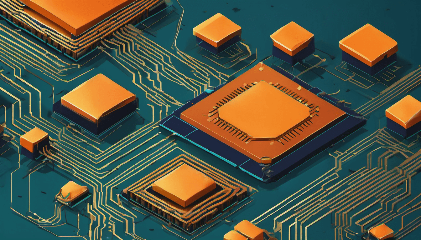 A stylized isometric illustration of a computer circuit board featuring multiple orange microchips and intricate golden pathways on a teal background.