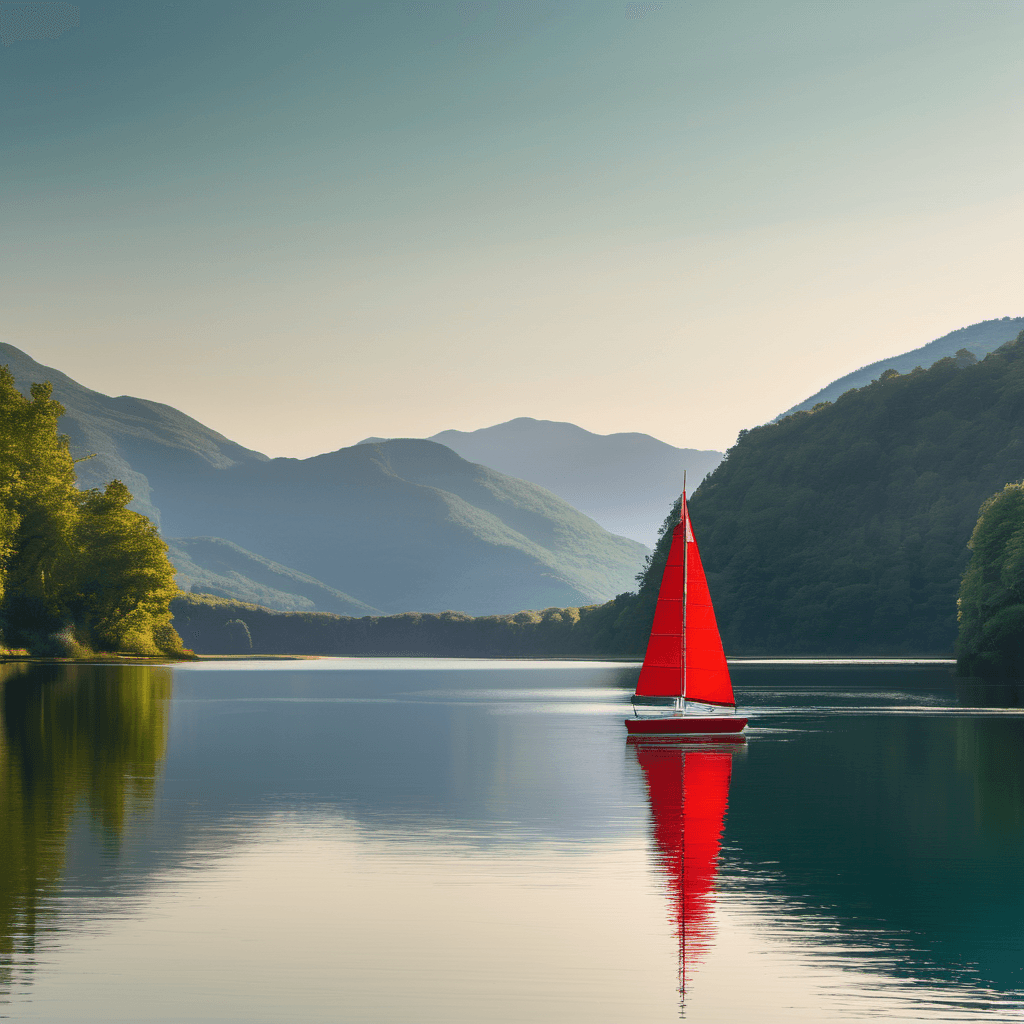 AI-generated red sailboat reflected in a calm lake surrounded by green mountains.