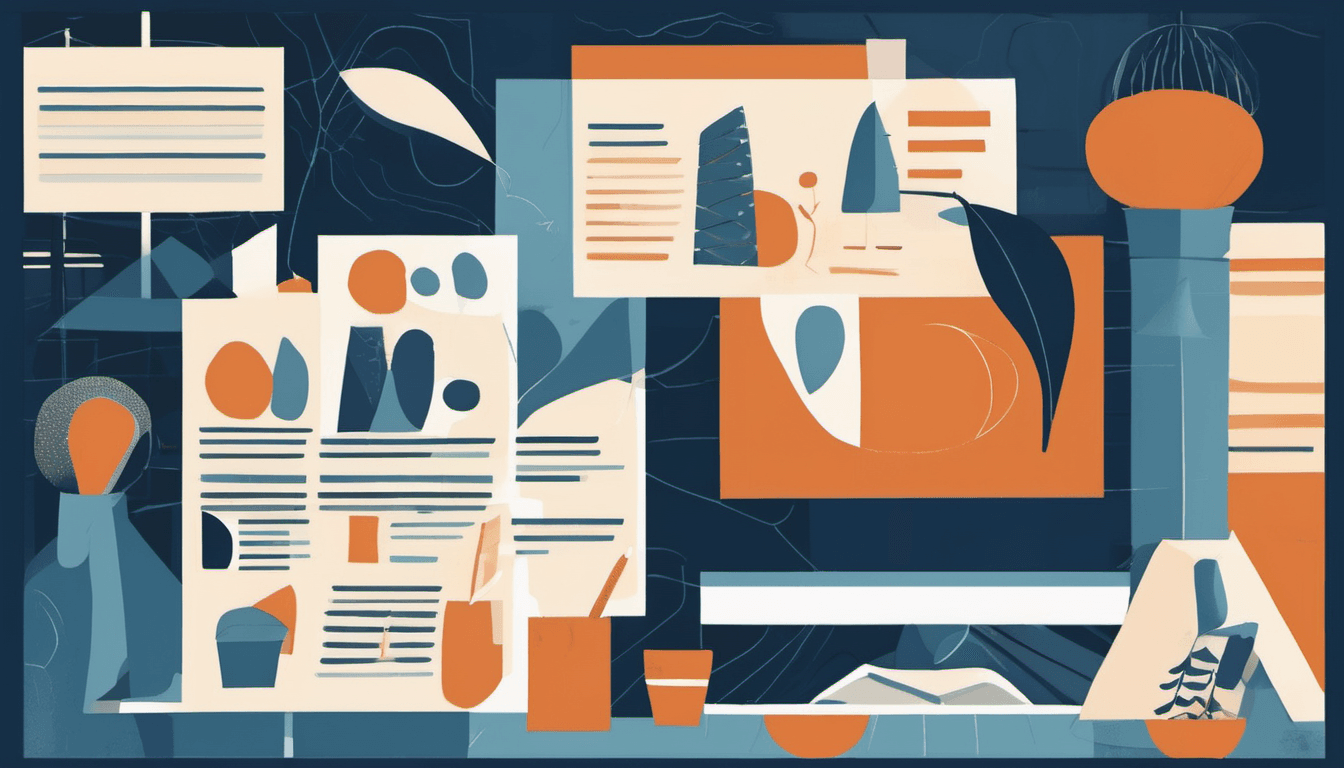 Stylized illustration with abstract geometric shapes in orange, blue, and cream. Rectangular blocks suggest documents or screens with text lines. Organic forms and a figure-like silhouette are present. Modern minimalist aesthetic with color blocking.