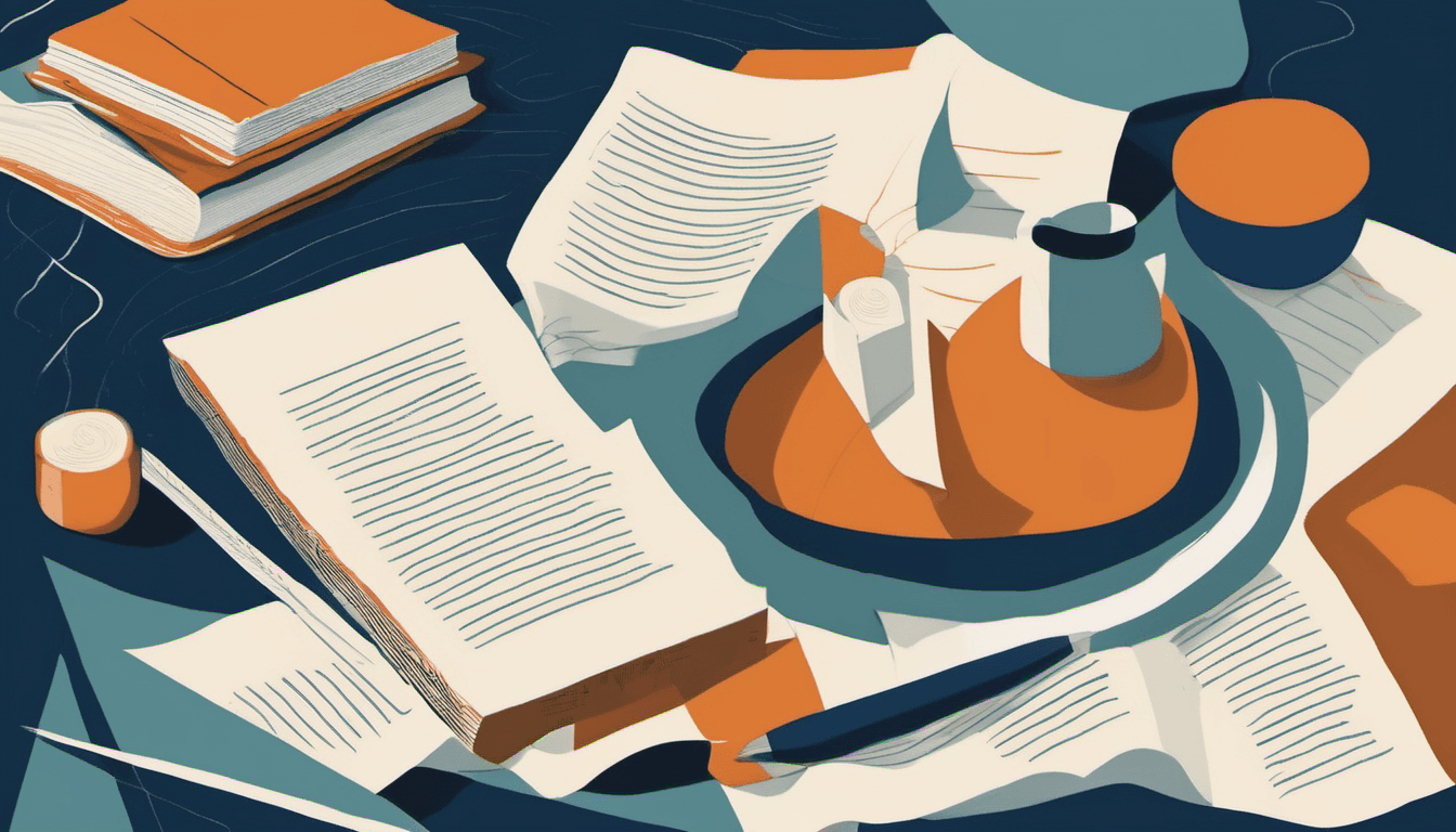 A stylized illustration of a desk with open books, a coffee cup, and a pen, rendered in a flat design style with orange and blue tones.